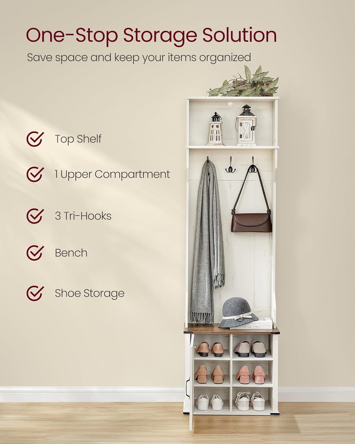 Hall Tree with Bench and Shoe Storage, Coat Rack with Shoe Bench, Shoe Cabinet, 2 Open Compartments, 6 Tri-Hooks, Entryway, Farmfouse Style, Space Saving, Rustic White UHSR430W02