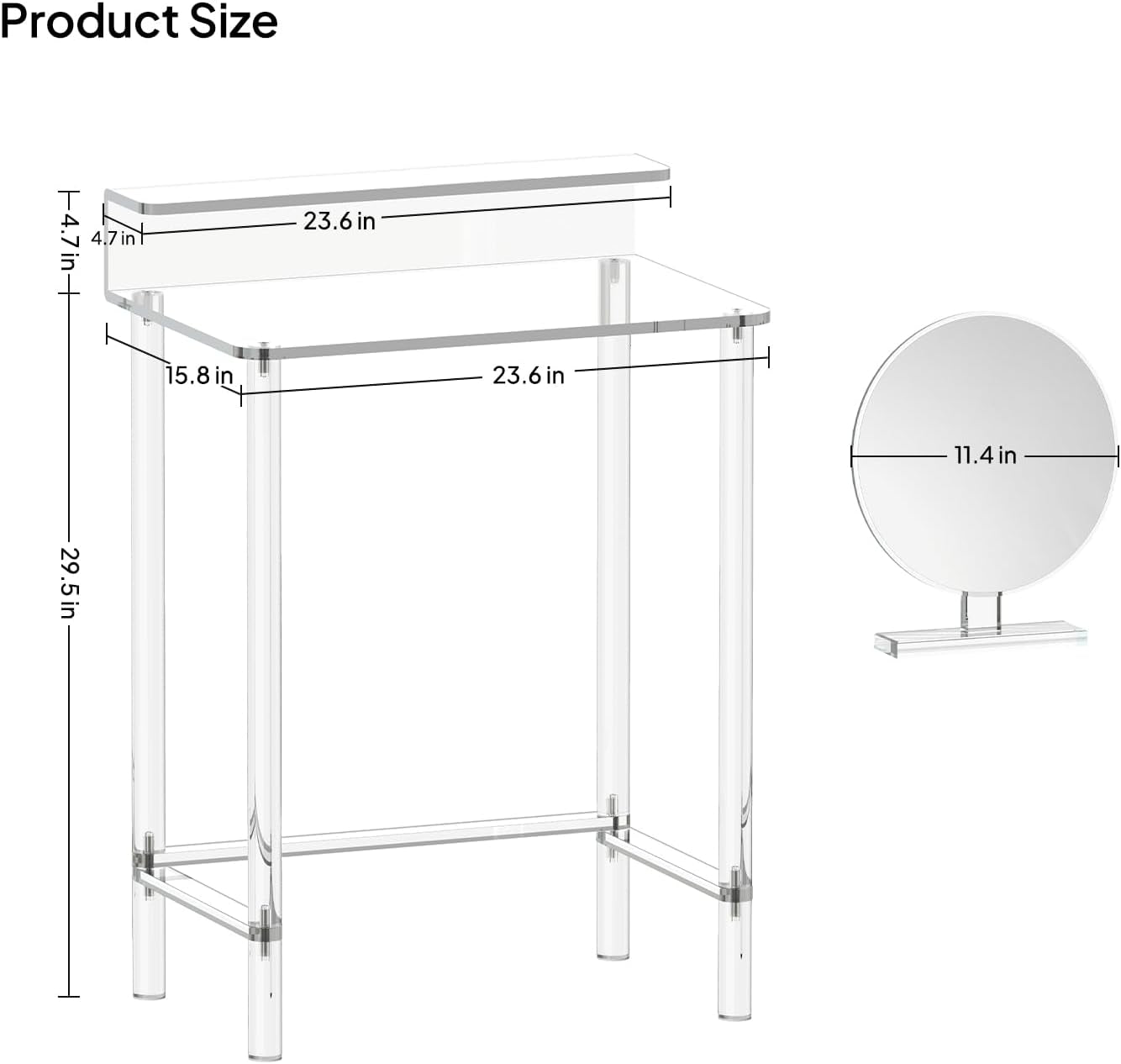 Acrylic Small Vanity with Mirror - 23.6'' L X 15.8'' W X 33.9'' H - Modern Makeup Vanity Desk for Small Spaces - Clear Makeup Table Dressing Table, for Bedroom, Cloakroom