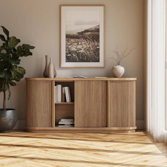 Turin 67" Modern Curved Sideboard with Sliding Tambour Doors - Fluted Wood Buffet Cabinet & Credenza - Oval Media Console with Gold Accents for Dining Room, Living Room, or Entryway (Camel)