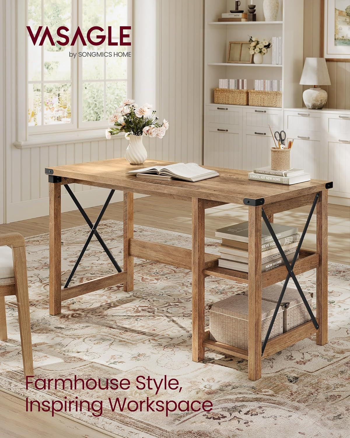 Computer Desk, Home Office Desk with Storage Shelves on Right or Left, Farmhouse, for Work Study Gaming Writing, 23.6 X 47.2 X 29.5 Inches, Honey Brown ULWDAM090T41