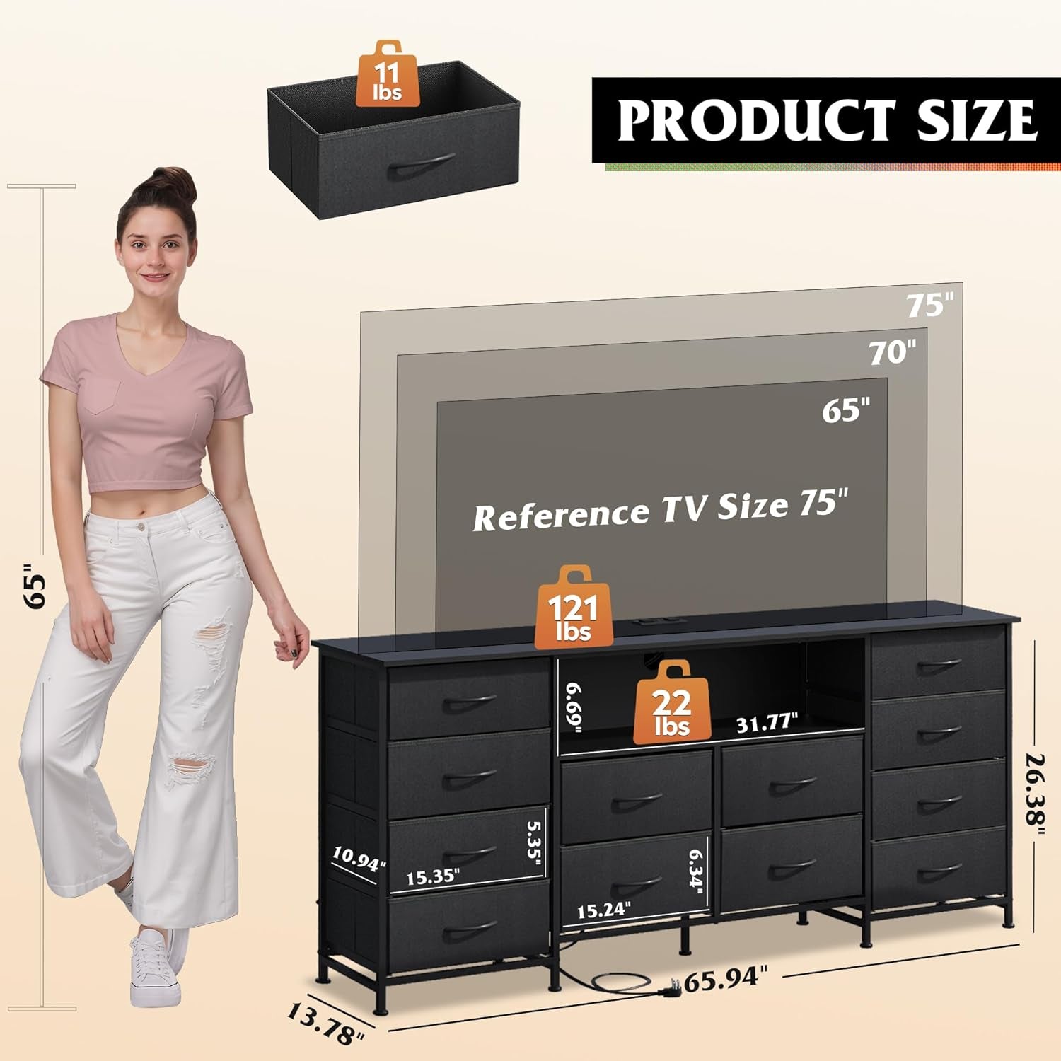 12 Drawer Dresser for Bedroom, Black Dresser TV Stand for 65, 70, 75 Inch TV with Led Light & Charging Station, Wide Chest of Drawers with Open Shelves, Fabric Dressers for Closet, Living Room