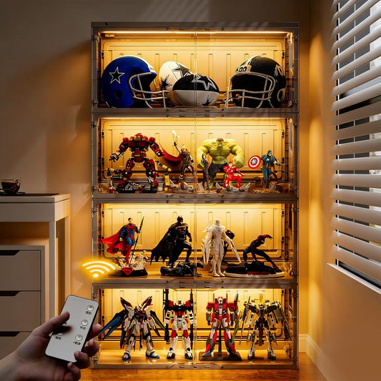 Foldable Display Cabinet, with 2 Color Lights & Infrared Sensing for Collectibles, Curio Cabinet Glass Display Case with Remote Control, Storage Cabinet,Black
