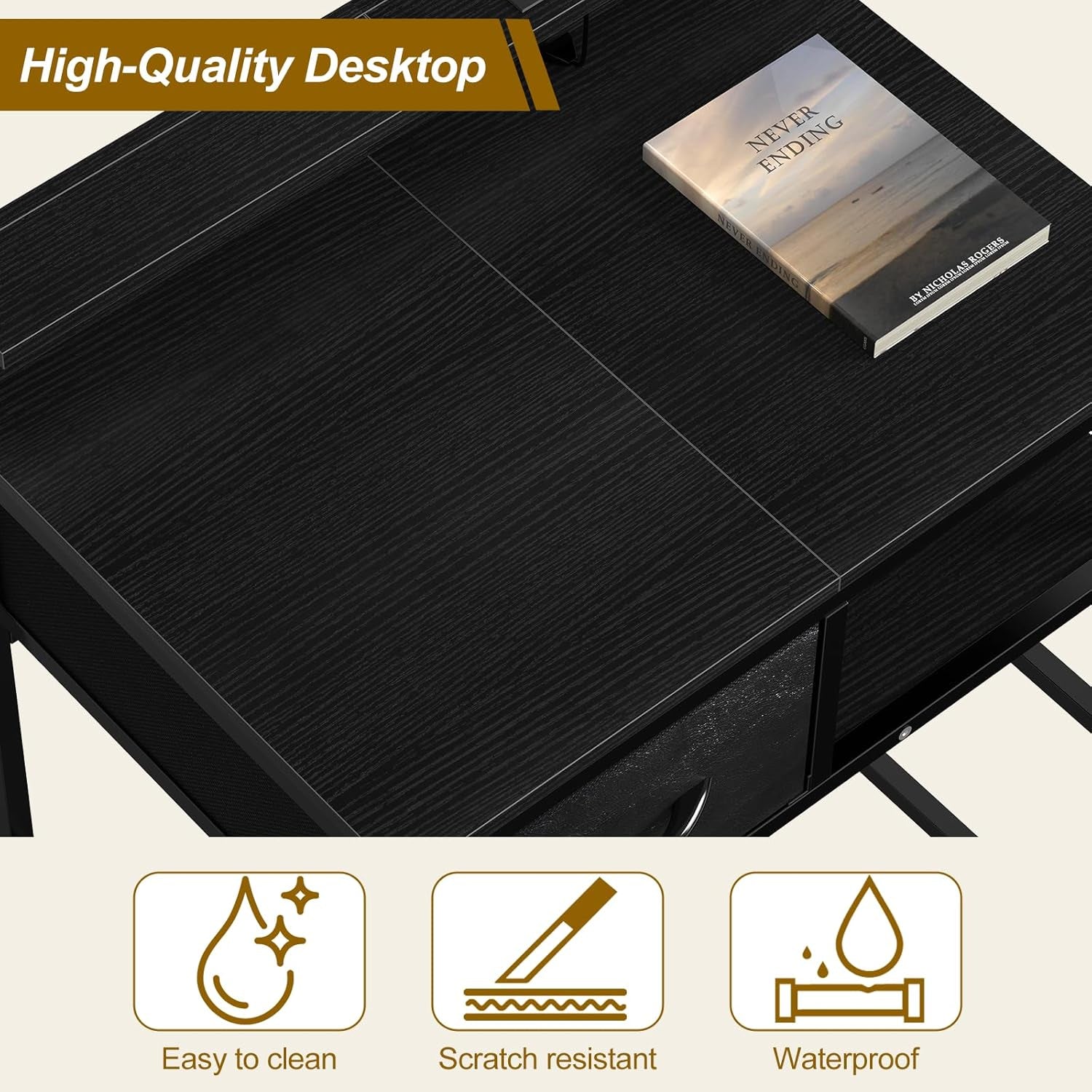 Makeup Vanity Desk without Mirror, Small Vanity Table with Fabric Drawers and Charging Station for Girls Bedroom, Simple Home Office Computer Desk for Small Spaces, Black