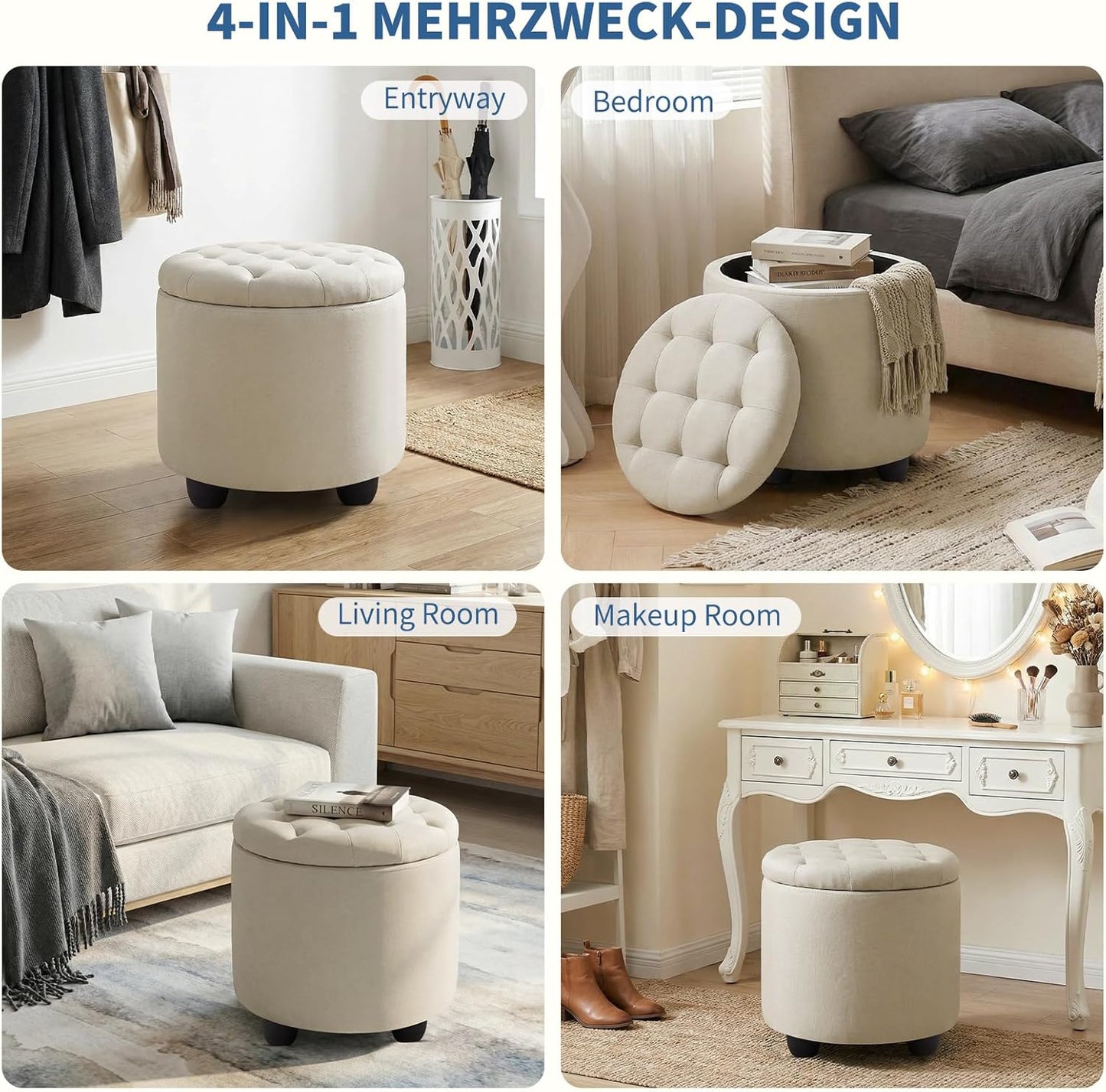 Modern round Storage Ottoman,Button Tufted Ottoman Foot Stools Ottoman Footstool with Removable Lid Storage Ottoman for Living Room, Bedroom, Makeup Room，Beige