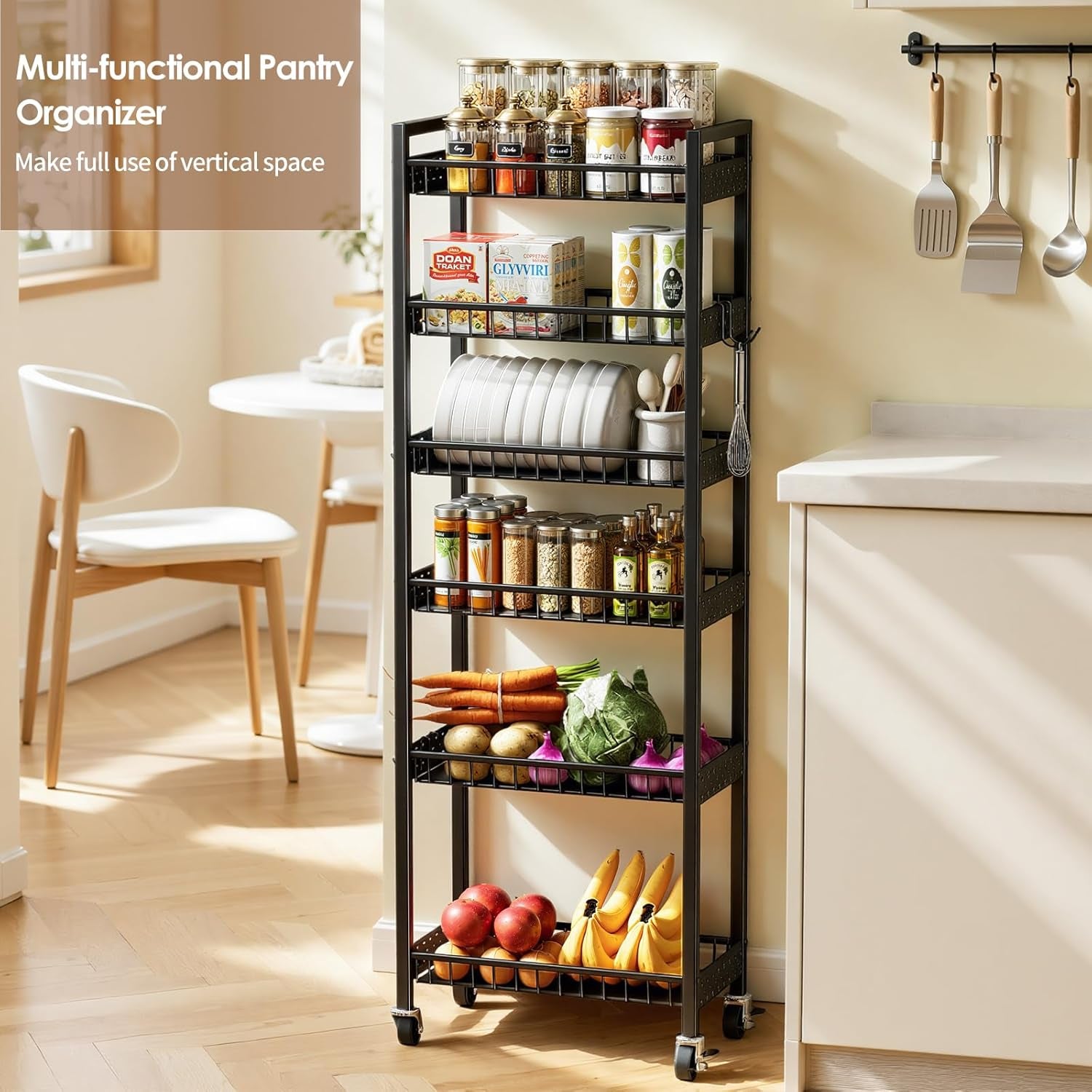6 Tier Slim Storage Cart, Narrow Rolling Cart with Wheels, Narrow Mobile Utility Shelf Unit Organizer for Kitchen, Bathroom, Laundry Room, Living Room, Small Places, 10In(W), Black