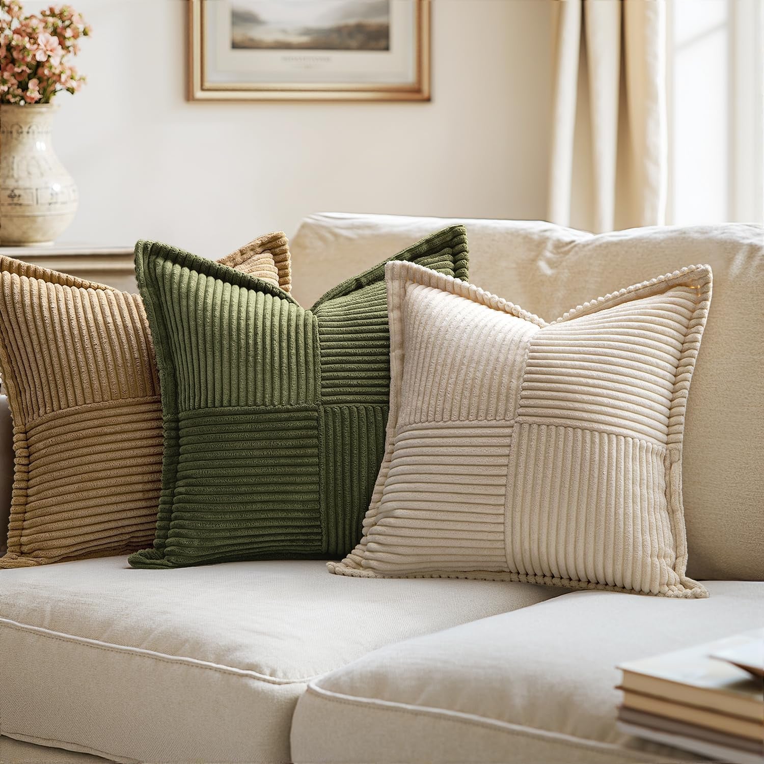 Decorative Throw Pillow Covers for Couch Bed Livingroom 18X18 Inch Set of 2 Beige Boho Accent Throw Pllows Broadside Striped Patchwork Soft Corduroy Pillowcases