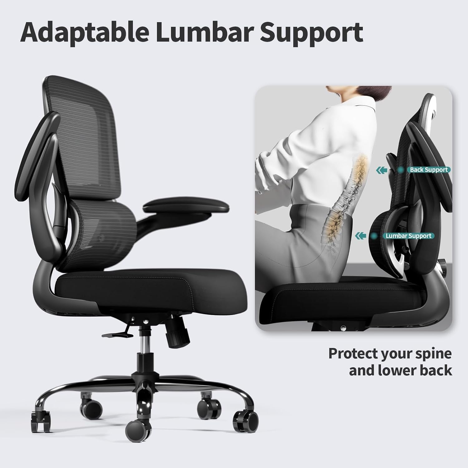 Office Chair - Ergonomic Desk Chair with Adjustable Lumbar Support, Mesh Computer Chair, Executive Chairs for Home Office Comfortable Lumbar Support (Black)