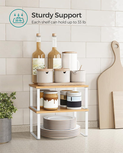 Cabinet Organizer Shelf, Set of 4 Kitchen Counter Shelves, Kitchen Storage, Spice Rack, Stackable, Expandable, Metal and Engineered Wood, Cloud White and Natural Beige UKCS010N01