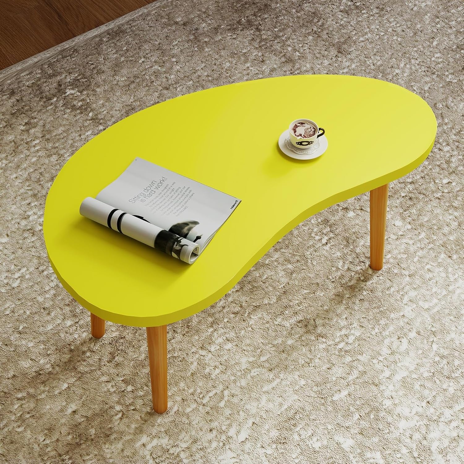 Mango Coffee Table Low Table with 4 Solid Wood Sturdy Legs, Floor Table Desk for Sitting on the Floor, Storage and Living Room Furniture (Yellow)