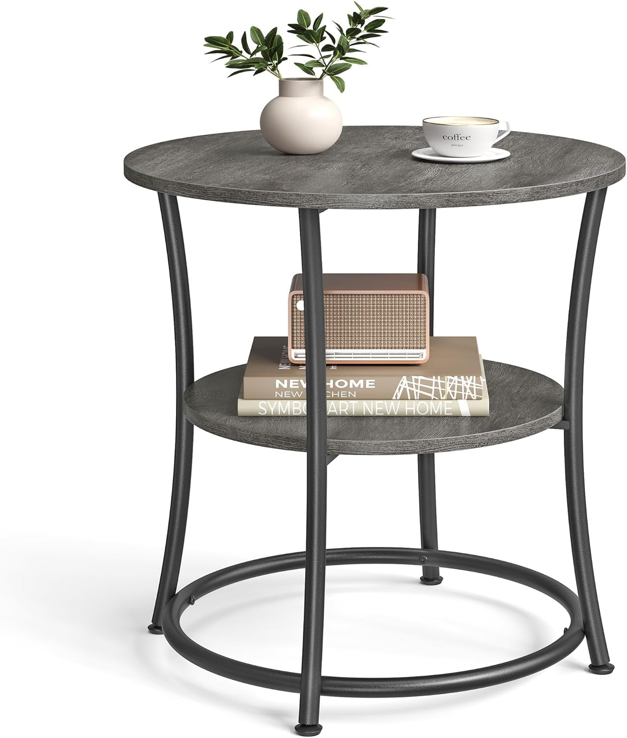 Side Table, 2-Tier round End Table, Nightstand with Steel Frame for Small Spaces, Living Room, Bedroom, Misty Gray and Ink Black