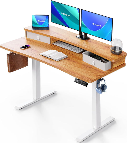 60″ X 30″ Electric Standing Desk with 2 Drawers, C-Clamp Mount Compatible, Height Adjustable Computer Desk, Home Office Stand up Desk with 4 Preset Heights & 2 Hooks, Light Vintage