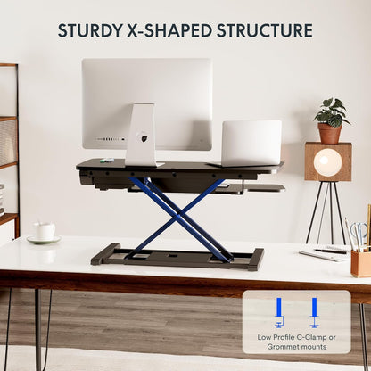 35 Inch Electric Standing Desk Converter, Motorized Stand up Desk Riser, Monitor and Laptop Workstation with Wide Keyboard Tray, Black