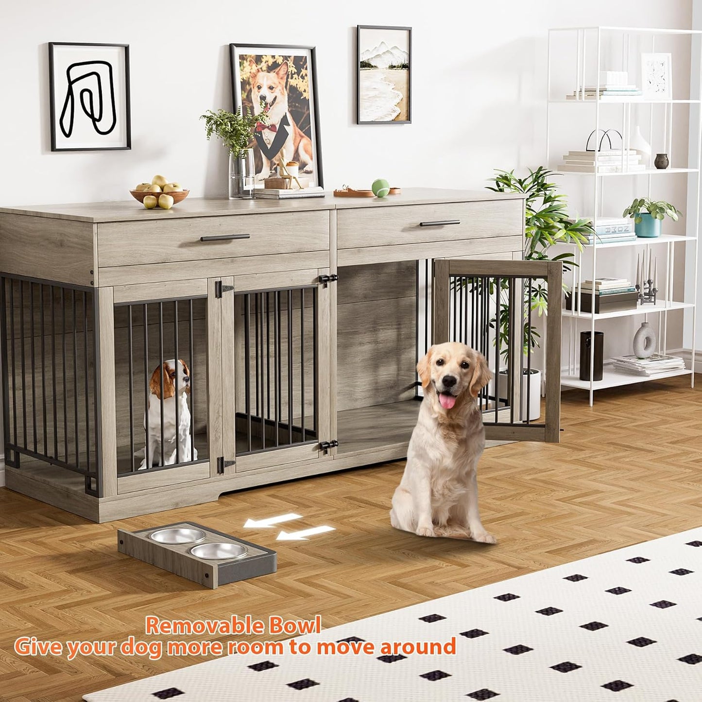 72" Dog Crate Furniture for 2 Dogs, Large Dog Kennel Furniture with 2 Storage Drawer and Removable Divider, Wooden Dog Cage with 4 Bowls, Indoor Dog House TV Stand for Medium Dog, Grey