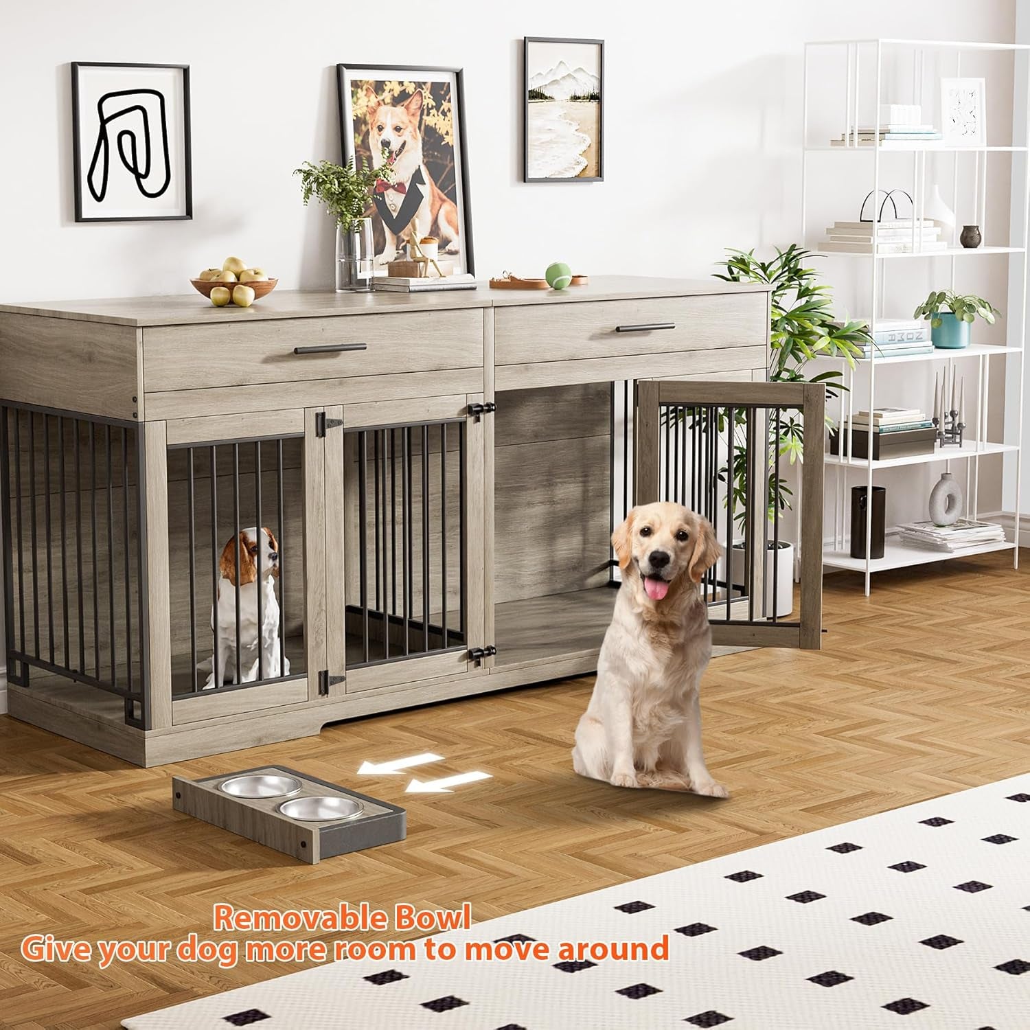 72" Dog Crate Furniture for 2 Dogs, Large Dog Kennel Furniture with 2 Storage Drawer and Removable Divider, Wooden Dog Cage with 4 Bowls, Indoor Dog House TV Stand for Medium Dog, Grey