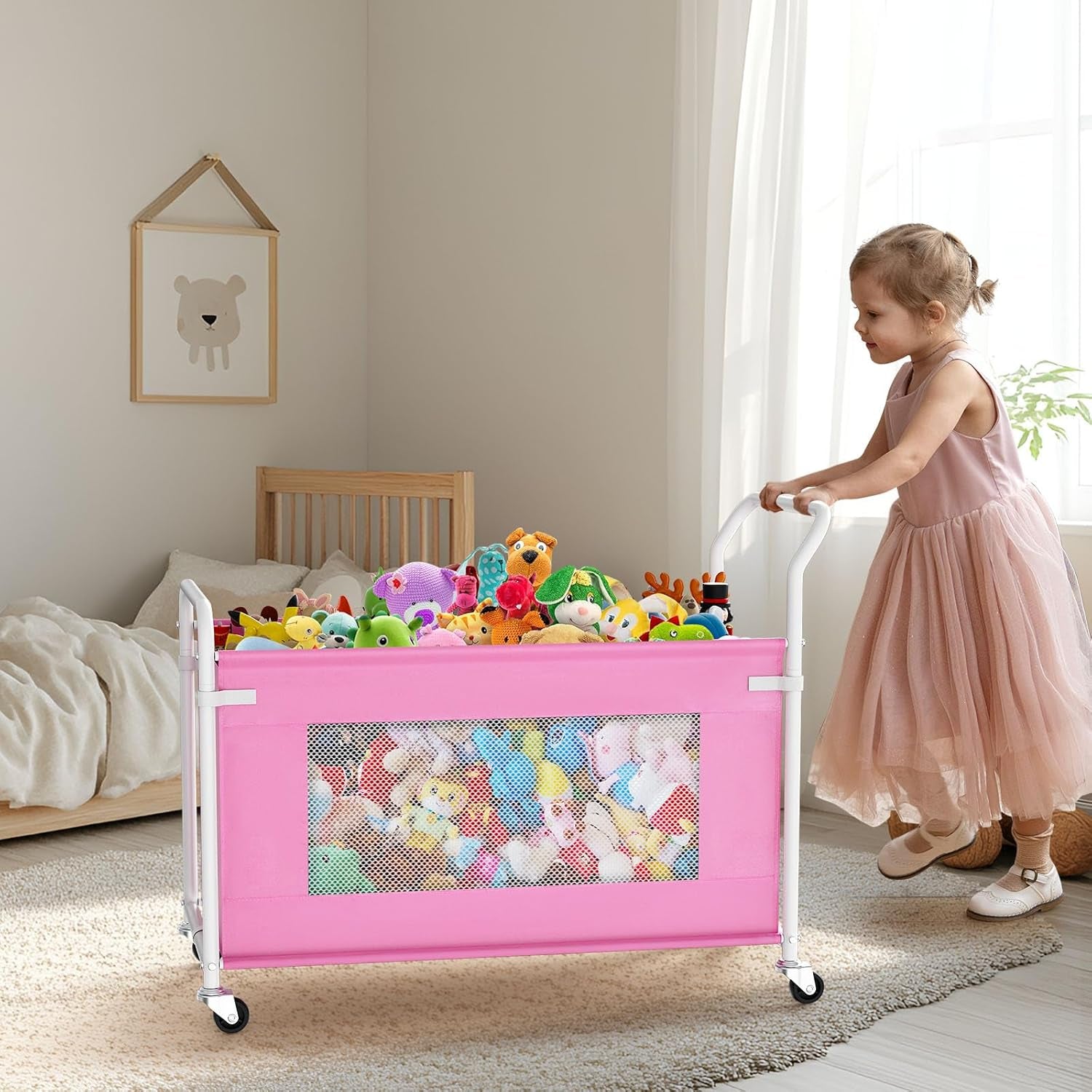 Extra Large Toy Box for Kids with 360° Rotating Wheels, Heavy Duty Toy Chest for Boys and Girls, Toy Storage Organizer for Kids, Toy Bins for Living Room, Nursery, Bedroom (Pink)