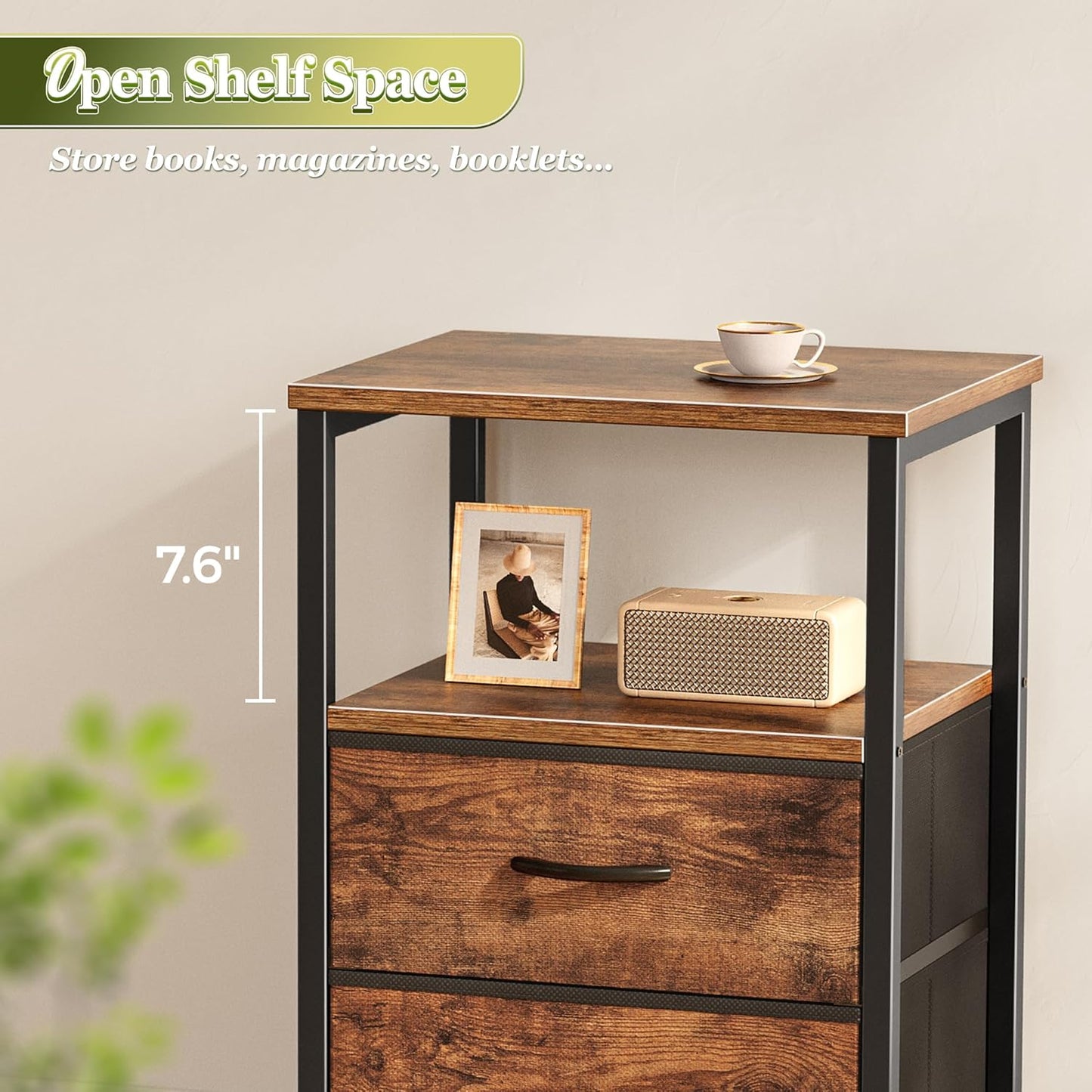 Night Stand Set of 2, Nightstand with 2 Drawers, Bed Side Table with Open Shelf, Wooden Top, End Table, Fabric Drawer, for Bedroom, Rustic Brown