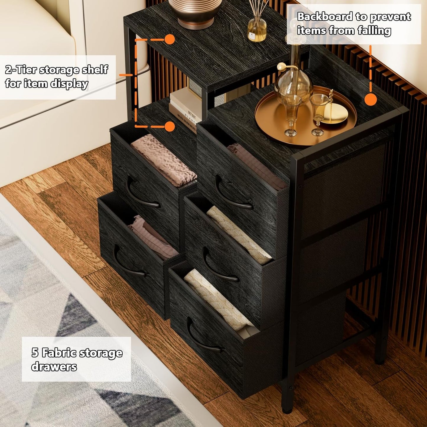 5 Drawer Black Dressers for Bedroom 2 Tier Shelf Storage Small Fabric Dresser for Closet Sturdy Metal Frame Modern Style Storage Cabinets Organization Units for Hallway Rooms