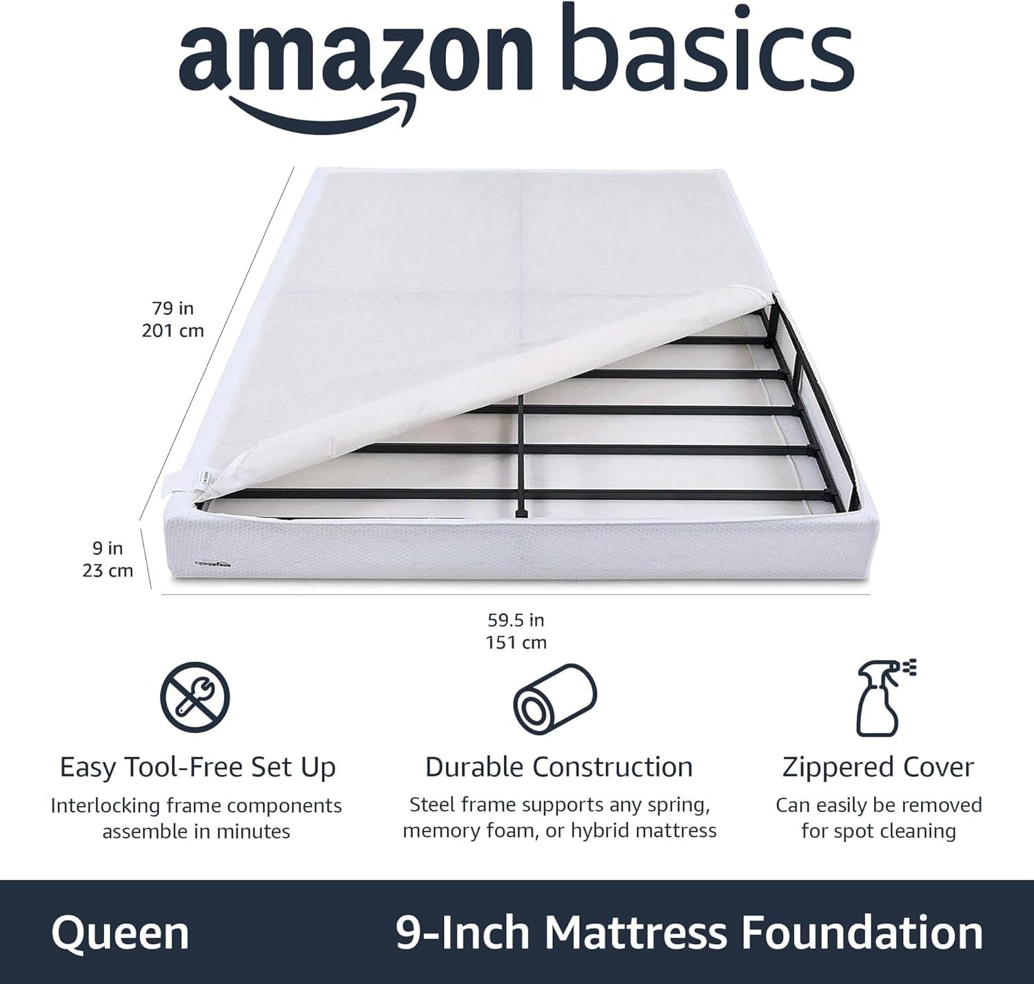 Smart Box Spring Bed Base, 9-Inch Height Mattress Foundation, Tool-Free Easy Assembly, Strong Support, Queen, 79"L X 59.5"W X 9"H, White
