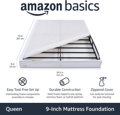 Smart Box Spring Bed Base, 9-Inch Height Mattress Foundation, Tool-Free Easy Assembly, Strong Support, Queen, 79"L X 59.5"W X 9"H, White