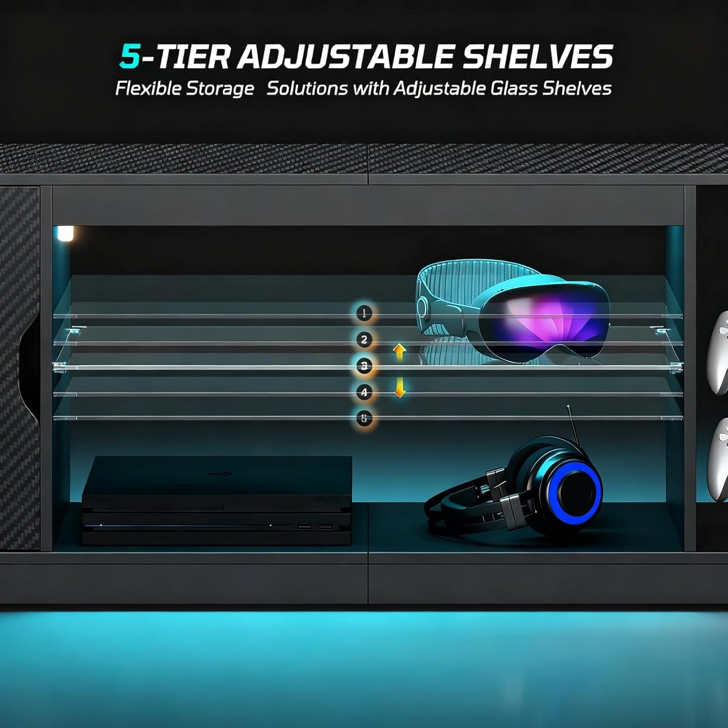 57" LED TV Stand for 55/60/65 Inch Tvs - Gaming Entertainment Center with RGB Lights, Adjustable Glass Shelves & Cabinet for Ps5/Xbox, Modern Black TV Console for Living Room