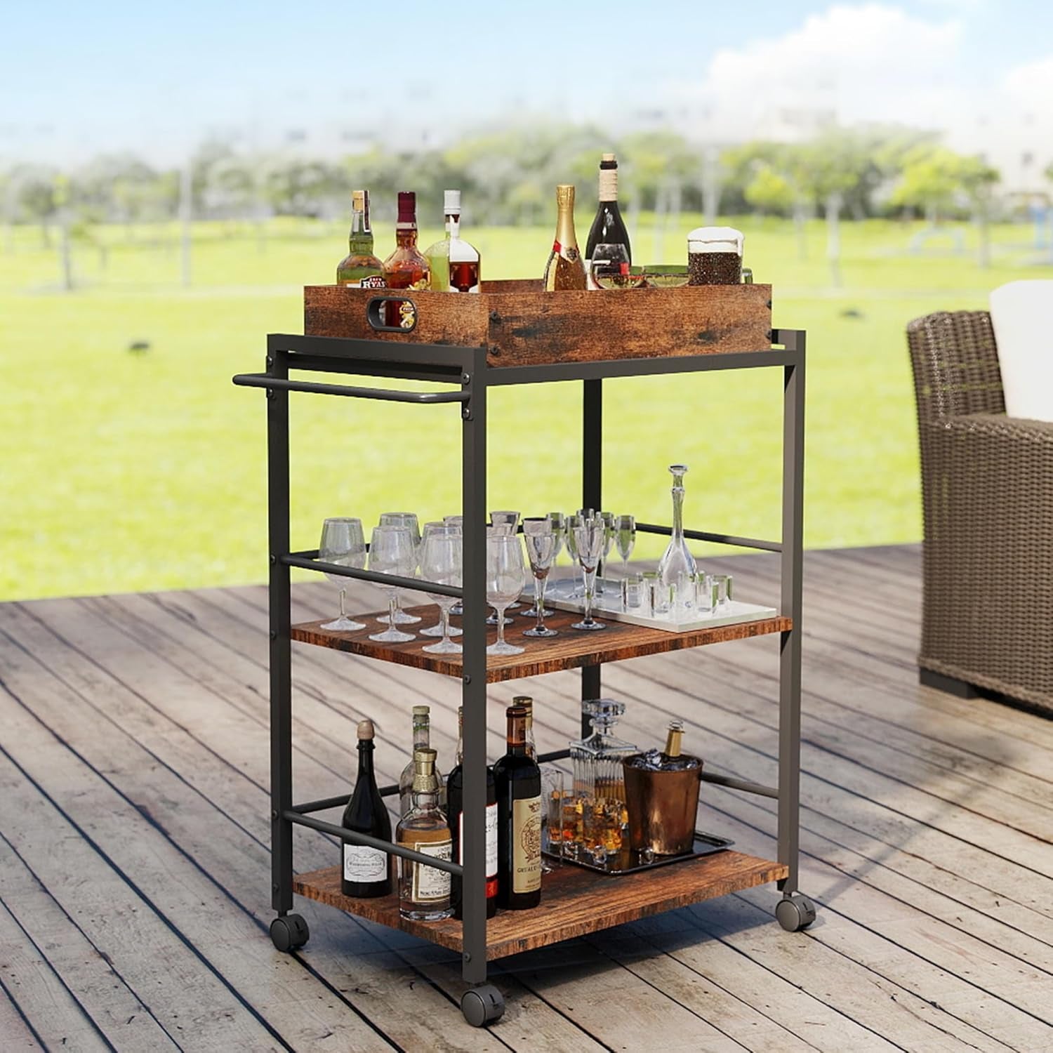 Kitchen Serving Cart with Wheels, Rolling Bar Cart for Home, Large 3 Tier with Detachable Server for Coffee, Tea, or Beverage Service, Rustic Farmhouse Design, Rustic Brown and Black