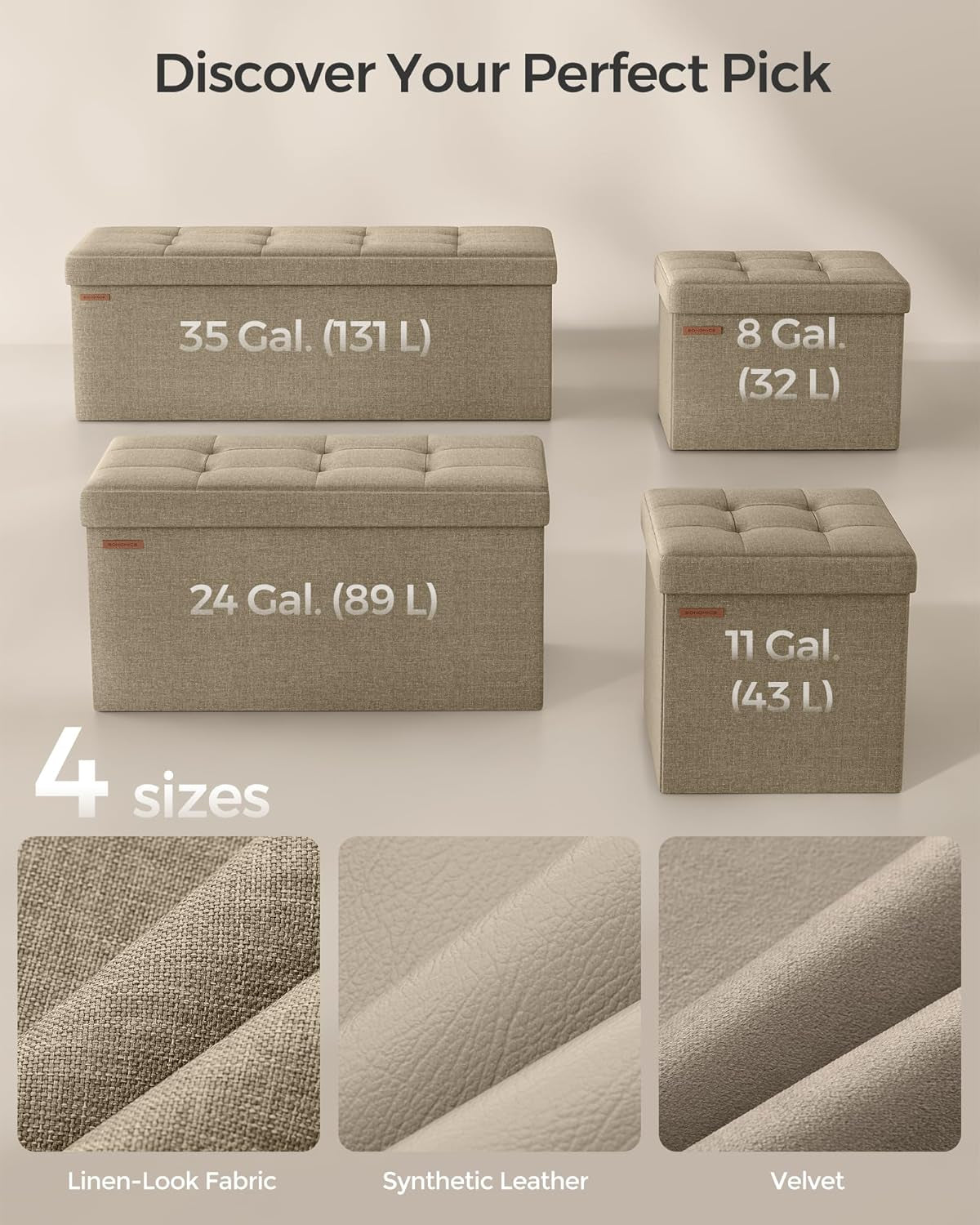 MAZIE Collection - Small Folding Storage Ottoman, Foot Rest Stool, 12.2 X 16.1 X 12.2 Inches, 286 Lb Load Capacity, for Living Room, Bedroom, Home Office, Dorm, Light Taupe ULSF102K01