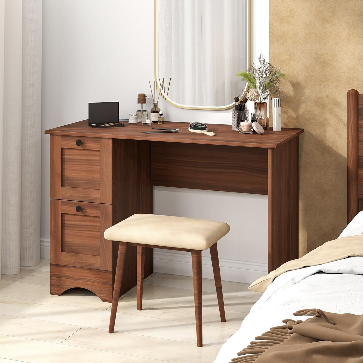 Computer Desk with 2 Storage Drawers, Study Table with Power Outlet, Laptop PC Desk with Storage, Work Table for Small Spaces, Workstation for Home & Office, Walnut