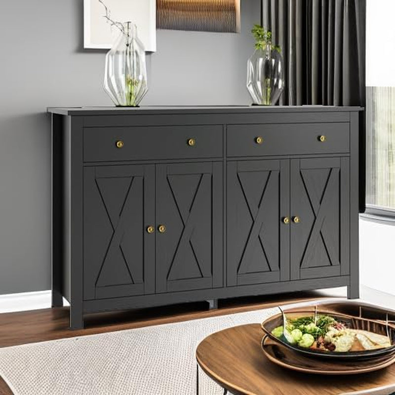Sideboard Buffet Cabinet with Storage, 55" Large Kitchen Storage Cabinet with 2 Drawers and 4 Doors, Wood Coffee Bar Buffet Table for Kitchen Dining Room, Black