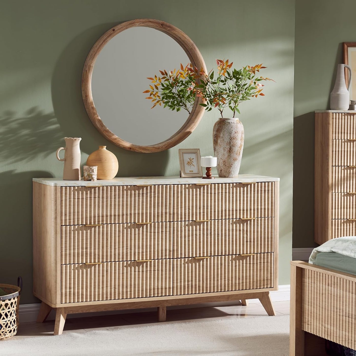 Fluted 6 Drawers Dresser, 54" Wide Modern Chest of Drawers with Faux Marble Top, Curved Profile Design, Dresser TV Stand, Wood Drawer Organizer for Bedroom, Living Room, Hallway, Natural Oak