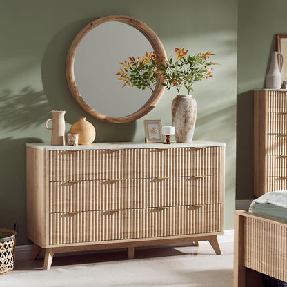 Fluted 6 Drawers Dresser, 54" Wide Modern Chest of Drawers with Faux Marble Top, Curved Profile Design, Dresser TV Stand, Wood Drawer Organizer for Bedroom, Living Room, Hallway, Natural Oak