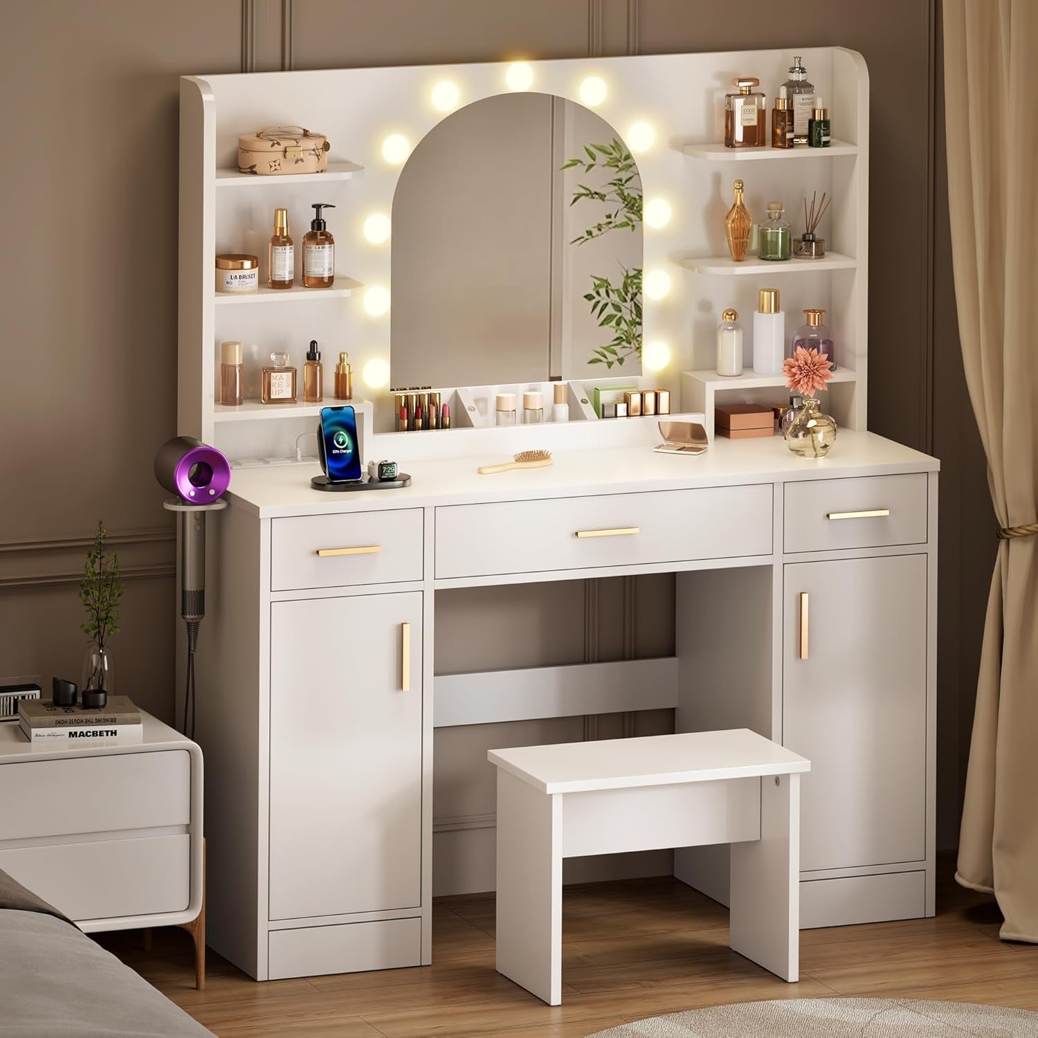 Vanity Desk with Mirror and 11 LED Lights, 43'' Makeup Vanity Table with Power Outlet & Chair, Dressing Table with 3 Drawers, 2 Cabinets and 6 Open Shelfs for Bedroom, White
