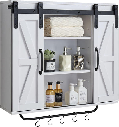 Bathroom Wall Cabinet, 2 Doors and Adjustable Shelf, over the Toilet Storage Medicine Cabinet Wall Mounted, Hanging Organizer with Open Partition/Towel Bar/Hooks for Laundry Room Kitchen, White