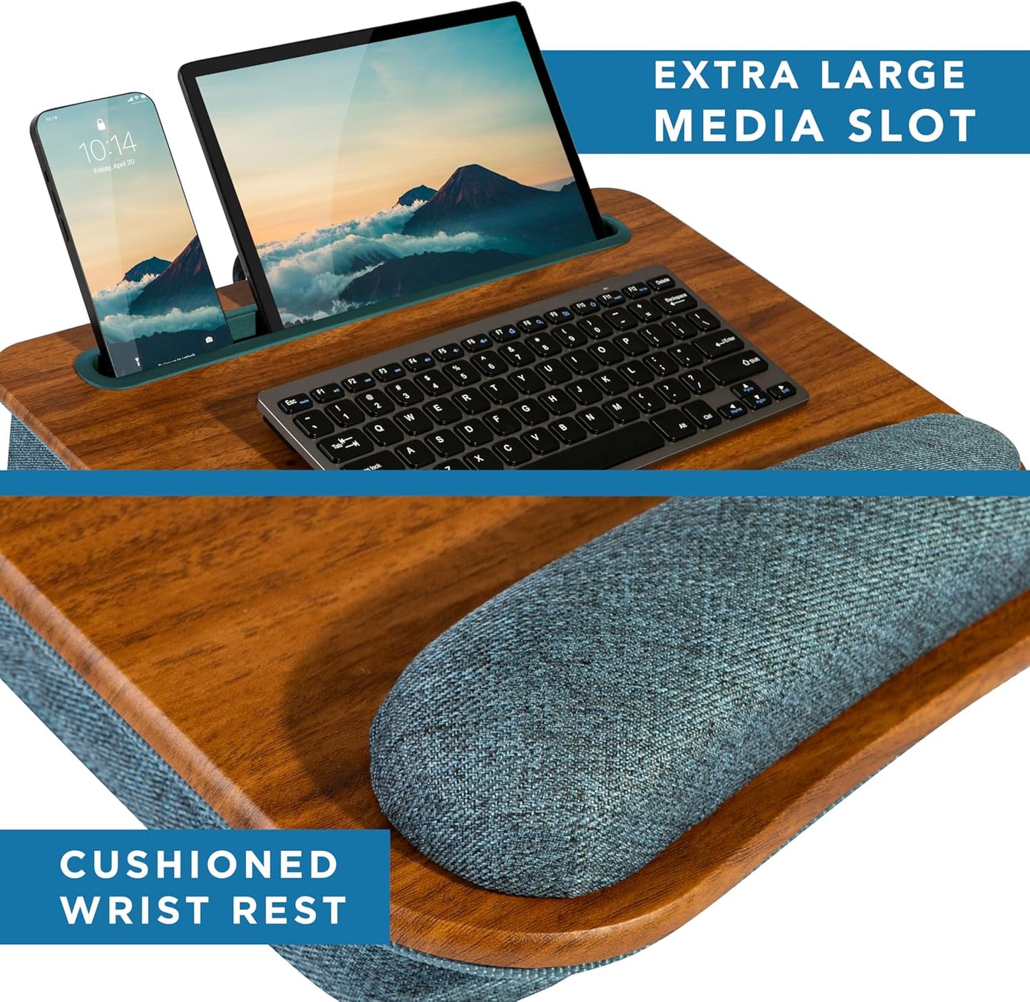 Portable Laptop Lap Desk with Pillow Cushion, Anti-Slip Strip, Tablet or Phone Storage Slot, Pen and Pencil Pocket, and Wrist Rest - Espresso Woodgrain - Fits 17.3" Laptops - Style No. 91342