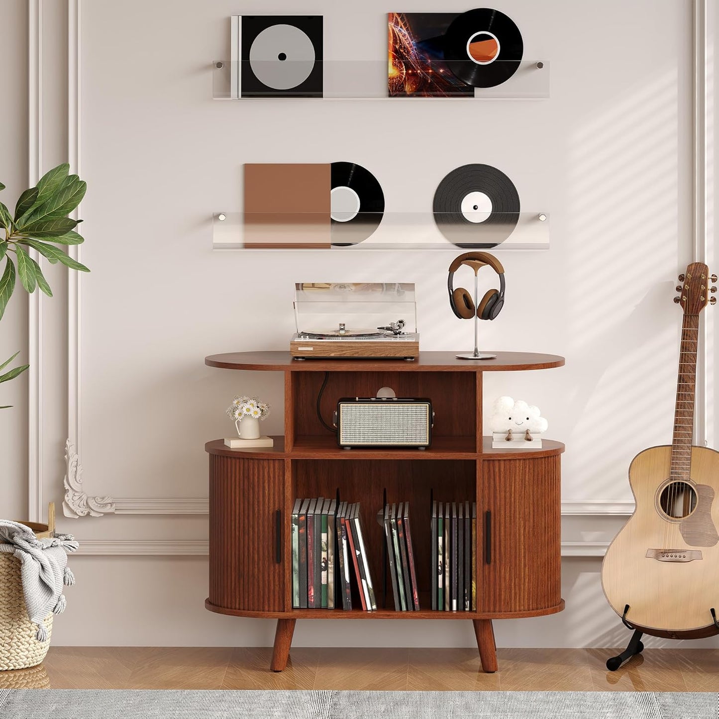 35'' Fluted Mid Century Modern Turntable Cabinet, Large round Record Player Stand with Charging Station and Display Shelf, Arched Wood Record Player Table for Living Room