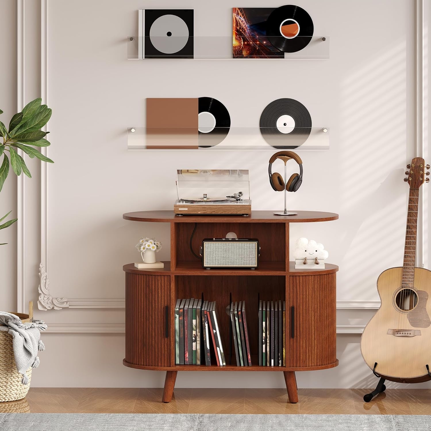 35'' Fluted Mid Century Modern Turntable Cabinet, Large round Record Player Stand with Charging Station and Display Shelf, Arched Wood Record Player Table for Living Room