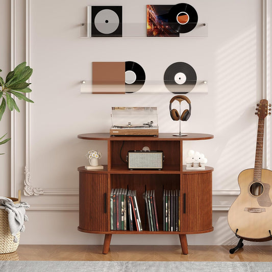35'' Fluted Mid Century Modern Turntable Cabinet, Large round Record Player Stand with Charging Station and Display Shelf, Arched Wood Record Player Table for Living Room