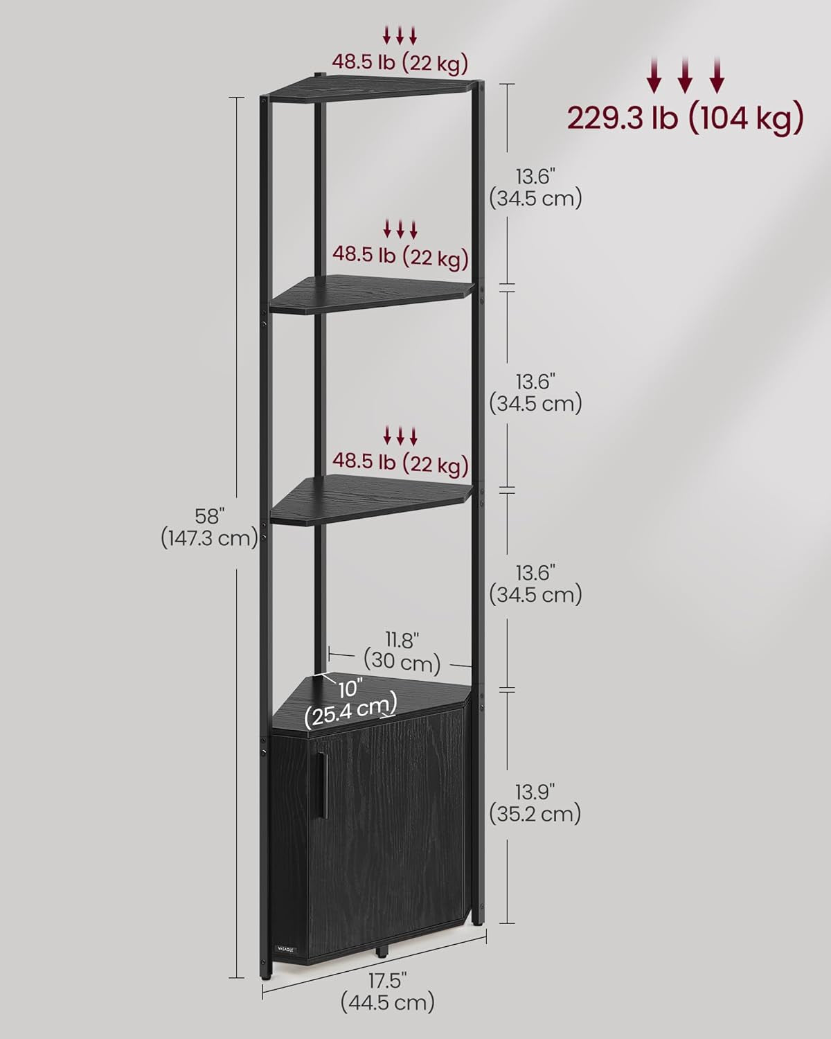 Corner Shelf with Storage, 5-Tier Corner Storage Cabinet, for Living Room, Bedroom, Kitchen, Bathroom, Ebony Black and Ink Black ULBC580B01