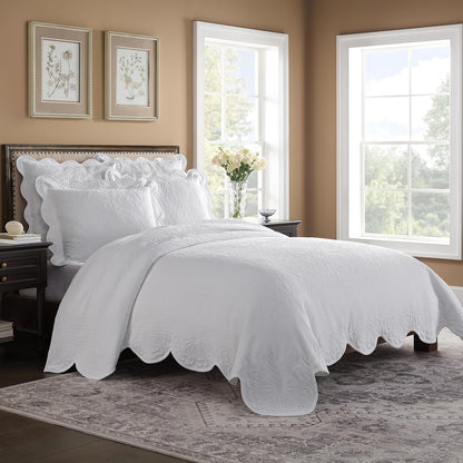 Charleston Estate Modern Farmhouse Floral Matelasse Decorative Pillowcase with Scalloped Edges, 100% Cotton Breathable Bedding, King Sham (20" X 36"), White Floral