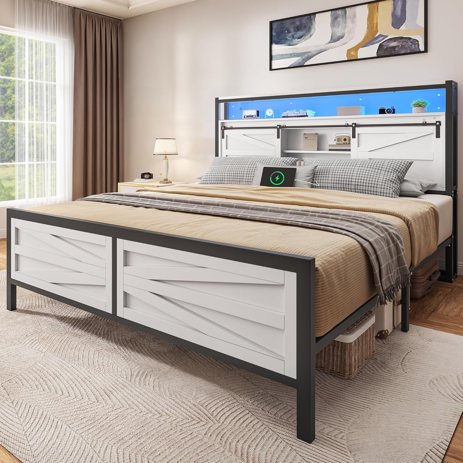 Farmhouse Bed Frame with Storage Headboard Queen Size, Platform Bed Frame with LED Lights and Charging Station, Sliding Barn Door, Solid Metal Slats, No Box Spring Needed (White)