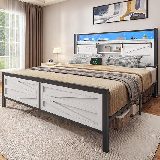 Farmhouse Bed Frame with Storage Headboard Queen Size, Platform Bed Frame with LED Lights and Charging Station, Sliding Barn Door, Solid Metal Slats, No Box Spring Needed (White)