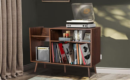 Record Player Stand, Mid-Century Modern Vinyl Record Storage Cabinet Table with Wood Legs, Turntable Stand Record Holder Holds up to 300 Albums for Living Room, Bedroom