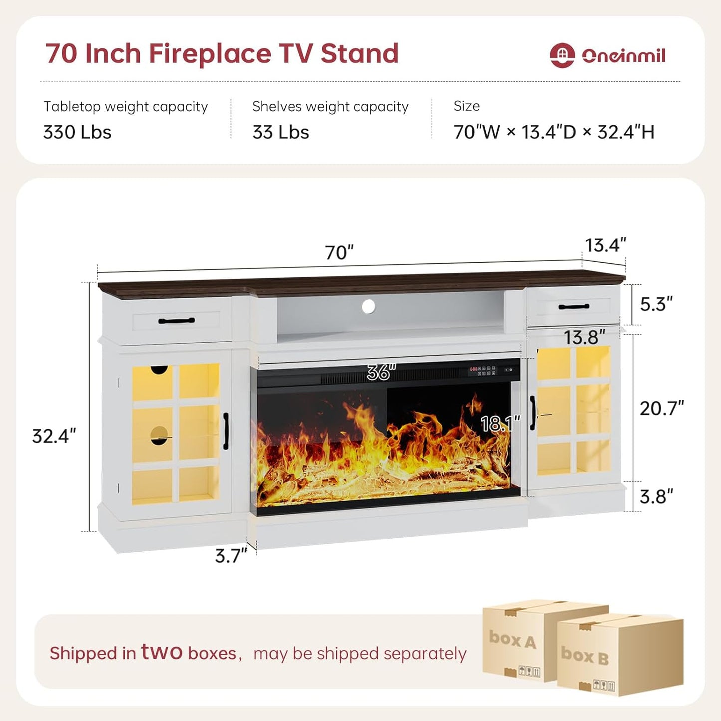 70" Fireplace TV Stand with 3-Sided Glass Fireplace, Modern Wood Entertainment Center with LED Lights and Glass Door, 36" Fire Place TV Stands for Living Room, White