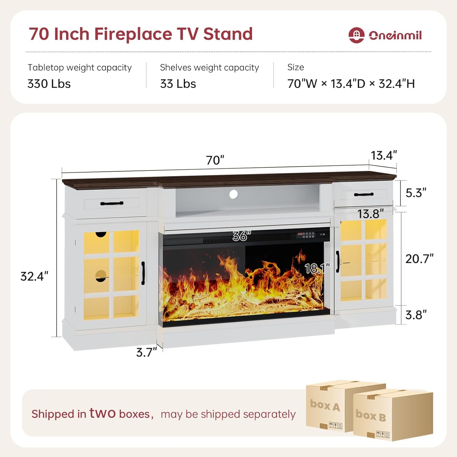 70" Fireplace TV Stand with 3-Sided Glass Fireplace, Modern Wood Entertainment Center with LED Lights and Glass Door, 36" Fire Place TV Stands for Living Room, White