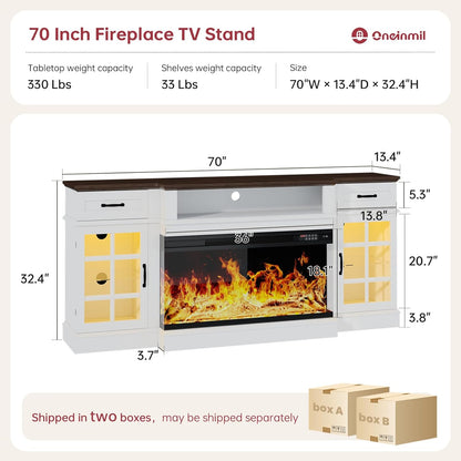 70" Fireplace TV Stand with 3-Sided Glass Fireplace, Modern Wood Entertainment Center with LED Lights and Glass Door, 36" Fire Place TV Stands for Living Room, White