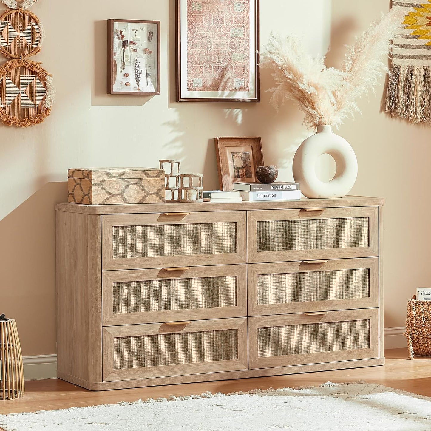 Rattan 6 Drawer Dresser for Bedroom, Boho 54" Wide Natural Wood Dresser Chest of Drawers, Dressers TV Stand with Metal Handle, Storage Dressers Closet Organizer for Living Room, Hallway