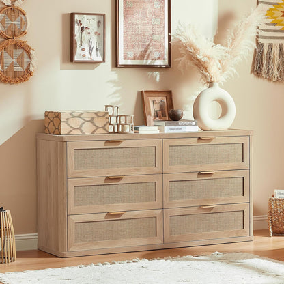 Rattan 6 Drawer Dresser for Bedroom, Boho 54" Wide Natural Wood Dresser Chest of Drawers, Dressers TV Stand with Metal Handle, Storage Dressers Closet Organizer for Living Room, Hallway