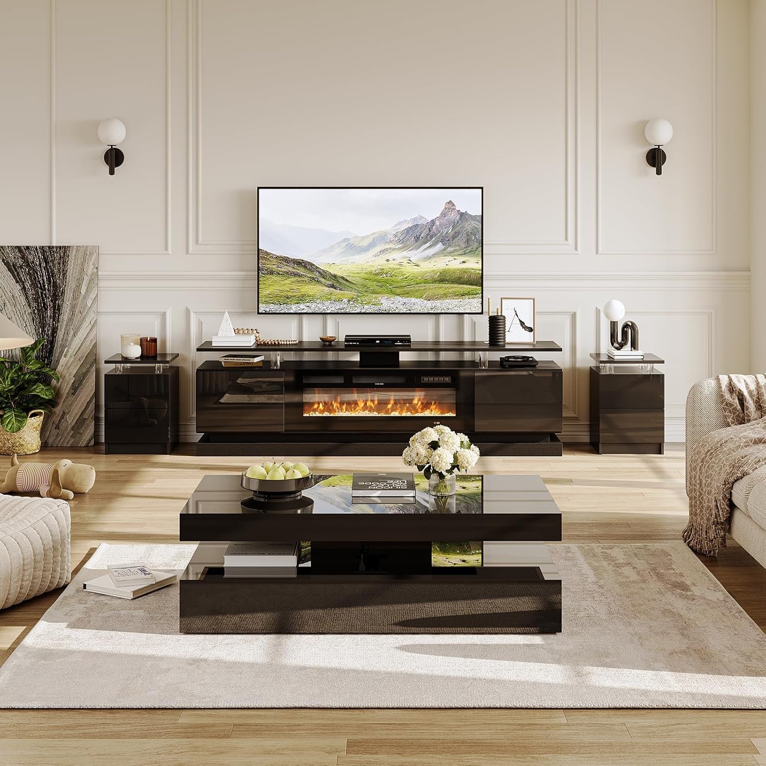 4-Piece Modern Living Room Table Set, Includes High Gloss 70" Fireplace TV Stand, LED Coffee Table and End Tables Set of 2 with Storage Drawers, Black
