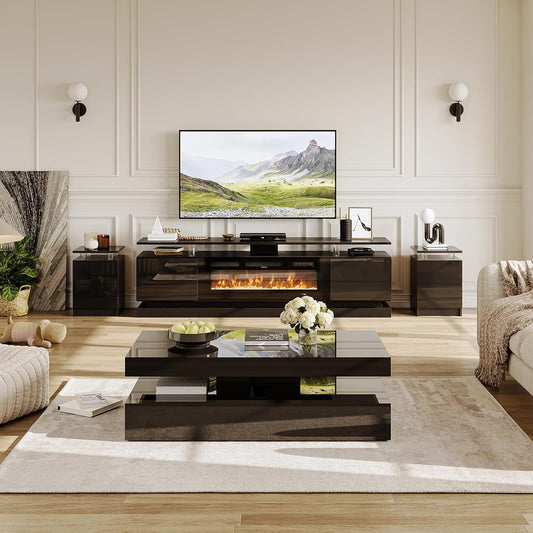 4-Piece Modern Living Room Table Set, Includes High Gloss 70" Fireplace TV Stand, LED Coffee Table and End Tables Set of 2 with Storage Drawers, Black