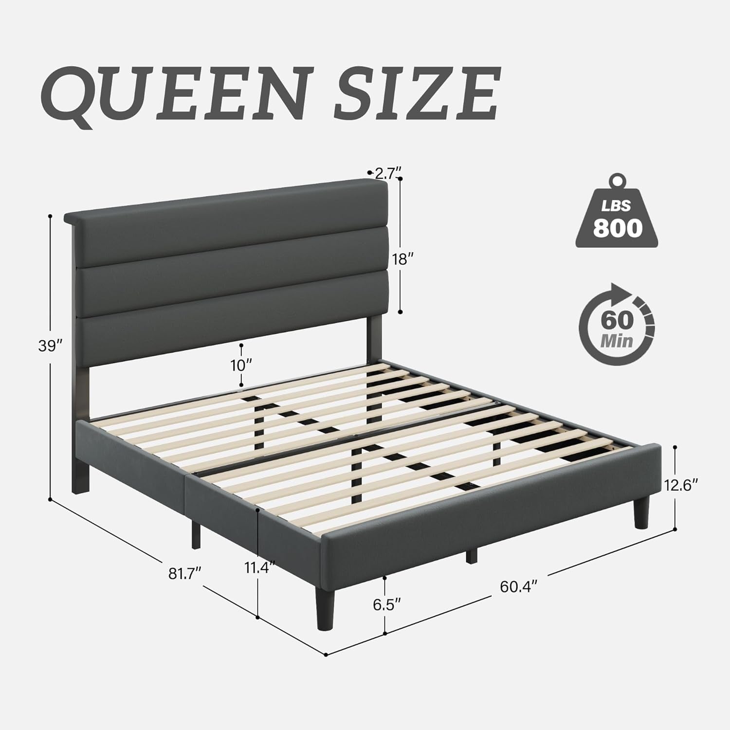 Queen Size Bed Frame, Platform Bed Frame with Velvet Upholstered Headboard, No Box Spring Needed, Sturdy Metal Support, Noise Free, Easy Assembly, Grey