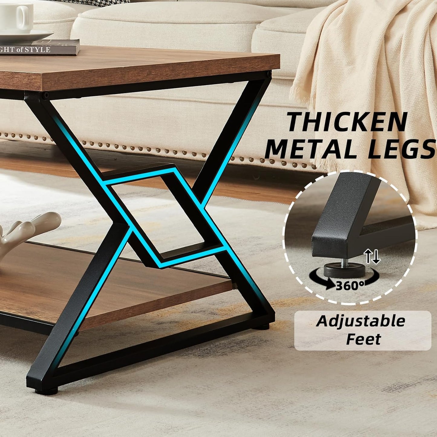 Coffee Table, Rustic Rectangle Coffee Table with 2-Tier Storage, Engineered Wood Center Table with Open Shelves, Minimalist Coffee Table for Living Room, 47 Inch, Oak Brown